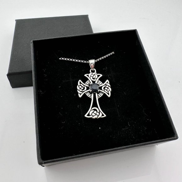 Bold Celtic Cross with Black Sapphire Center - Sterling Silver with 18" Chain - Picture 7 of 9